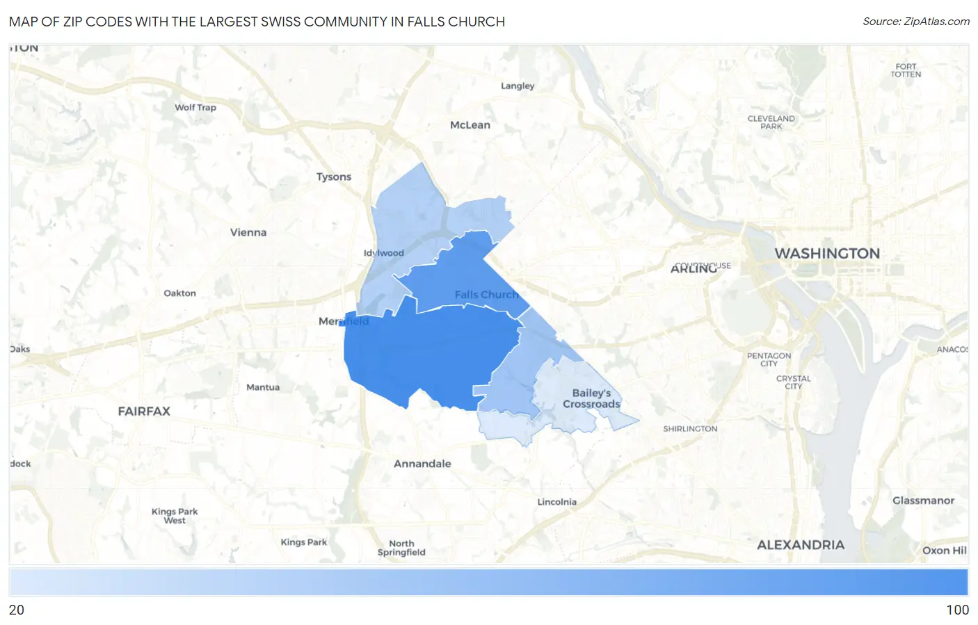 Zip Codes with the Largest Swiss Community in Falls Church Map
