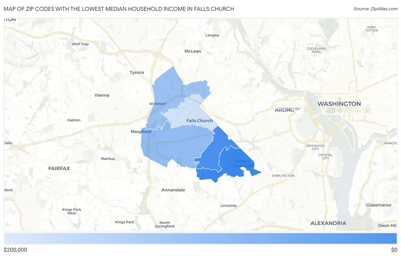 Zip Codes with the Lowest Median Household Income in Falls Church Map