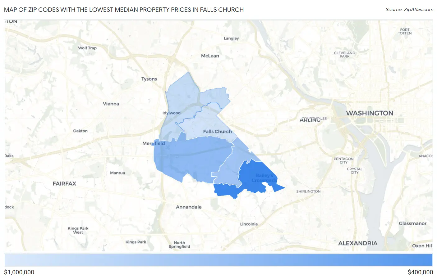 Zip Codes with the Lowest Median Property Prices in Falls Church Map