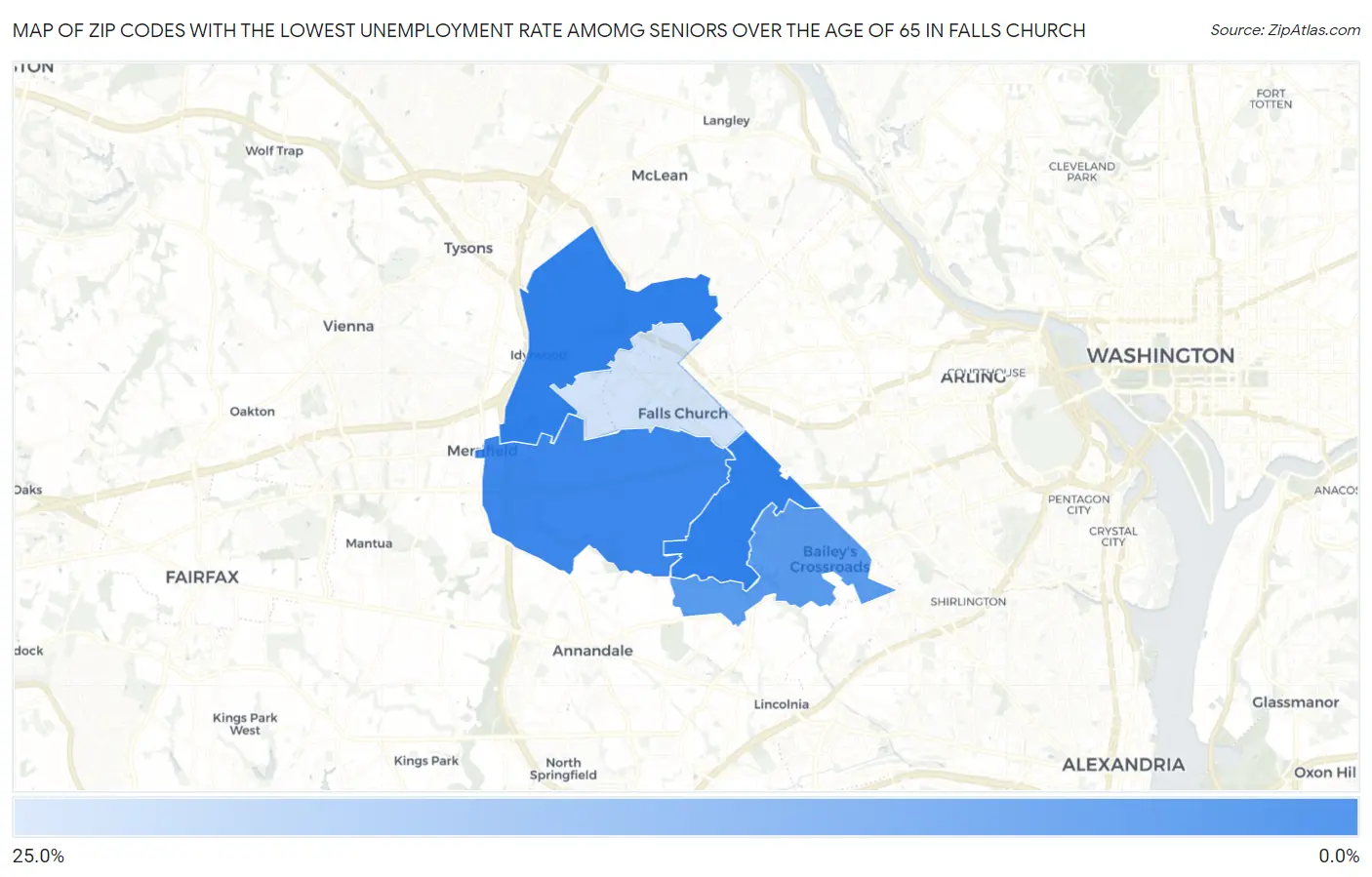 Zip Codes with the Lowest Unemployment Rate Amomg Seniors Over the Age of 65 in Falls Church Map