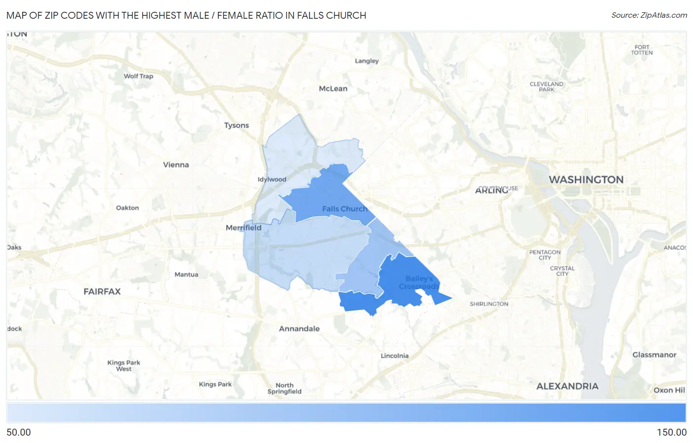 Zip Codes with the Highest Male / Female Ratio in Falls Church Map