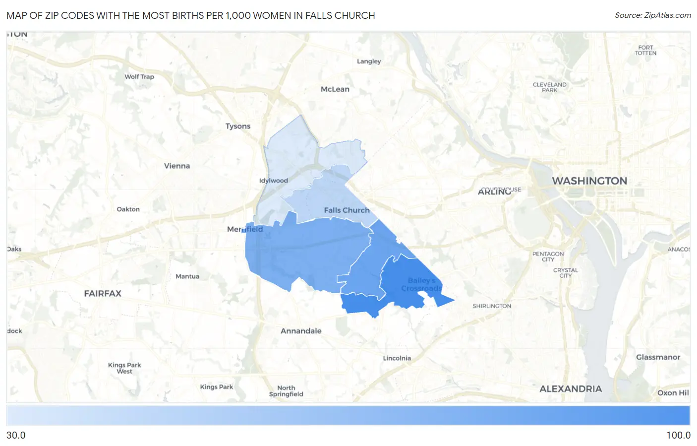 Zip Codes with the Most Births per 1,000 Women in Falls Church Map