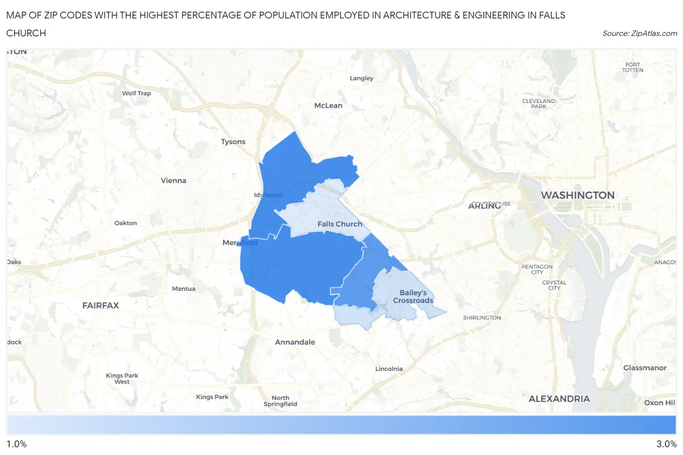 Zip Codes with the Highest Percentage of Population Employed in Architecture & Engineering in Falls Church Map