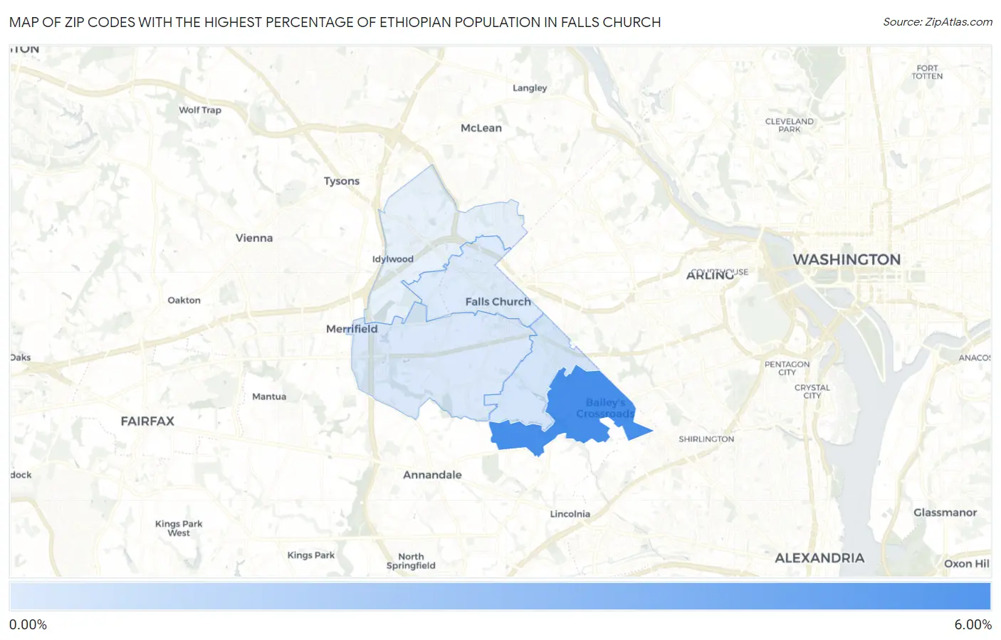 Zip Codes with the Highest Percentage of Ethiopian Population in Falls Church Map
