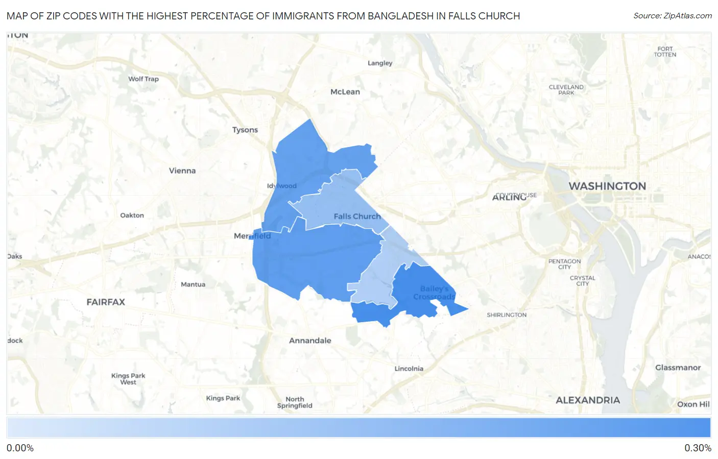 Zip Codes with the Highest Percentage of Immigrants from Bangladesh in Falls Church Map