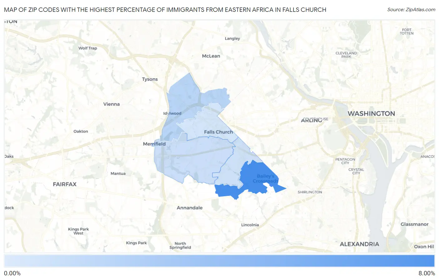 Zip Codes with the Highest Percentage of Immigrants from Eastern Africa in Falls Church Map