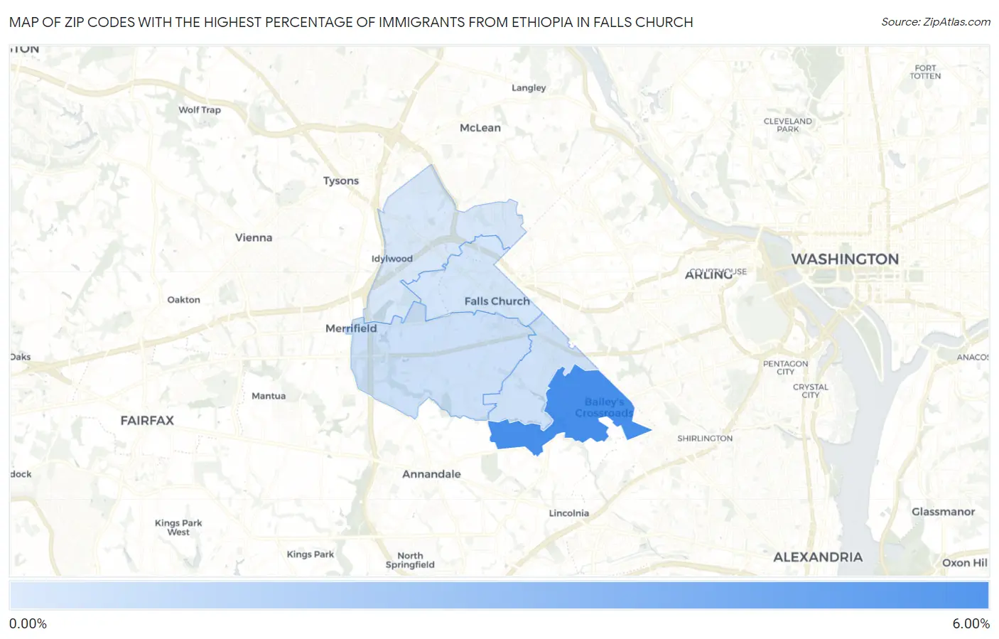 Zip Codes with the Highest Percentage of Immigrants from Ethiopia in Falls Church Map