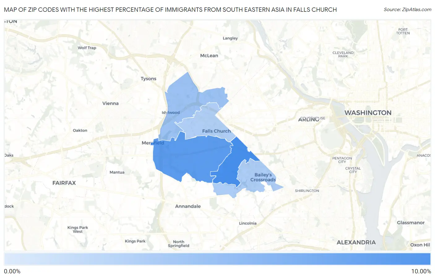Zip Codes with the Highest Percentage of Immigrants from South Eastern Asia in Falls Church Map