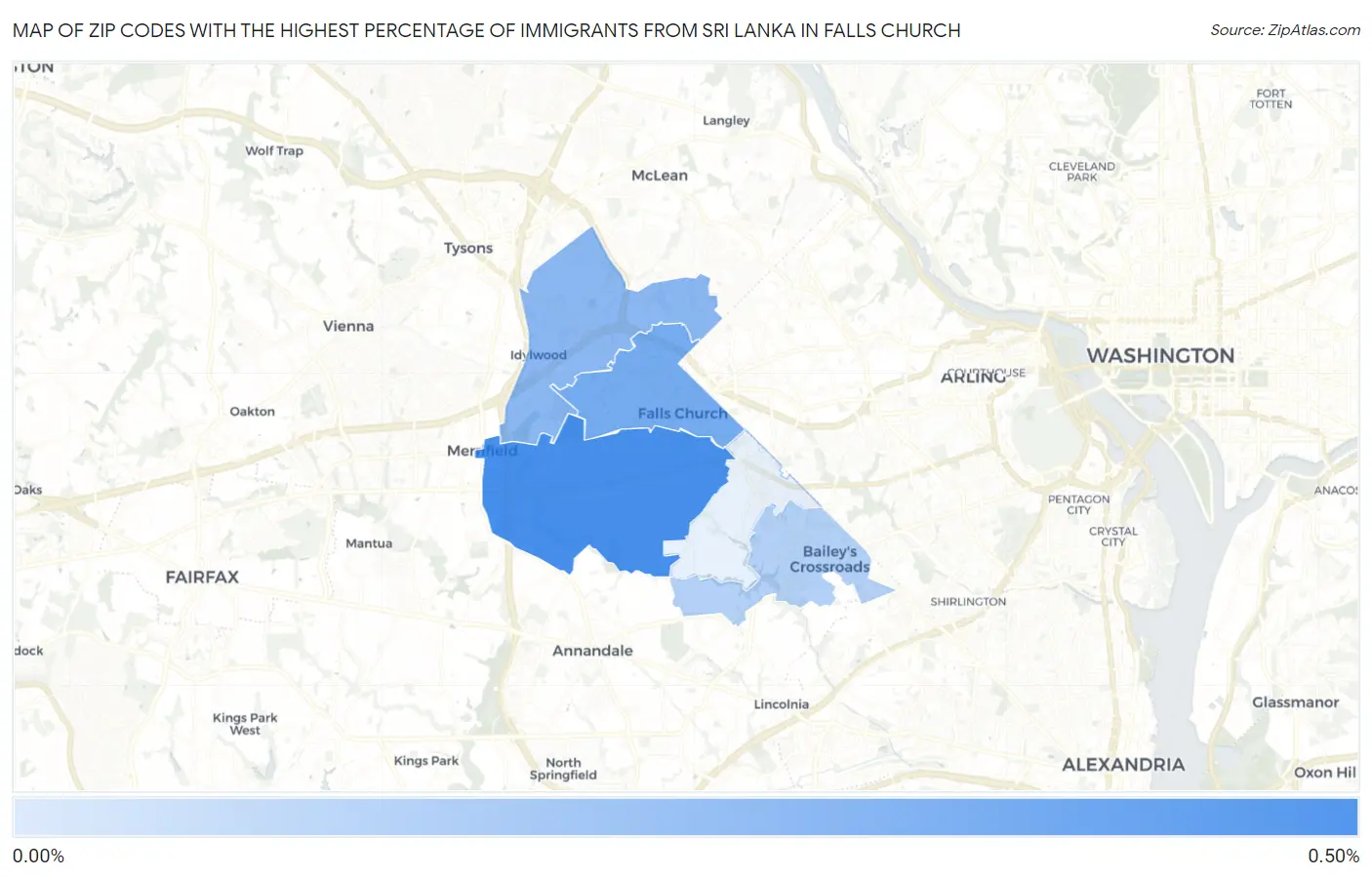 Zip Codes with the Highest Percentage of Immigrants from Sri Lanka in Falls Church Map