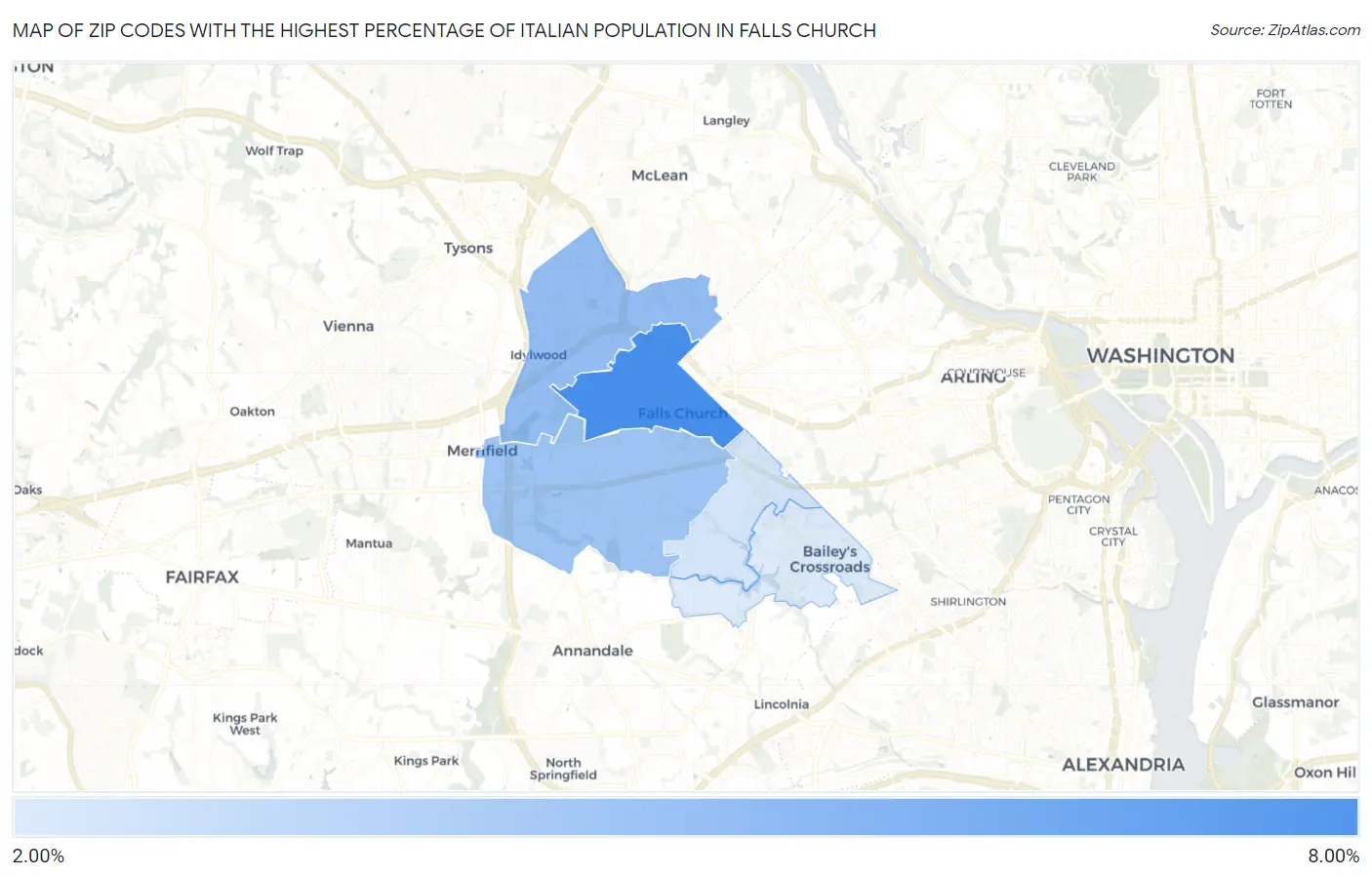 Zip Codes with the Highest Percentage of Italian Population in Falls Church Map