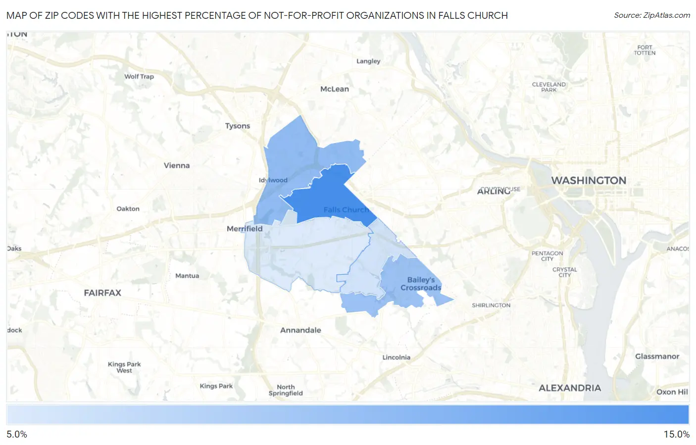 Zip Codes with the Highest Percentage of Not-for-profit Organizations in Falls Church Map