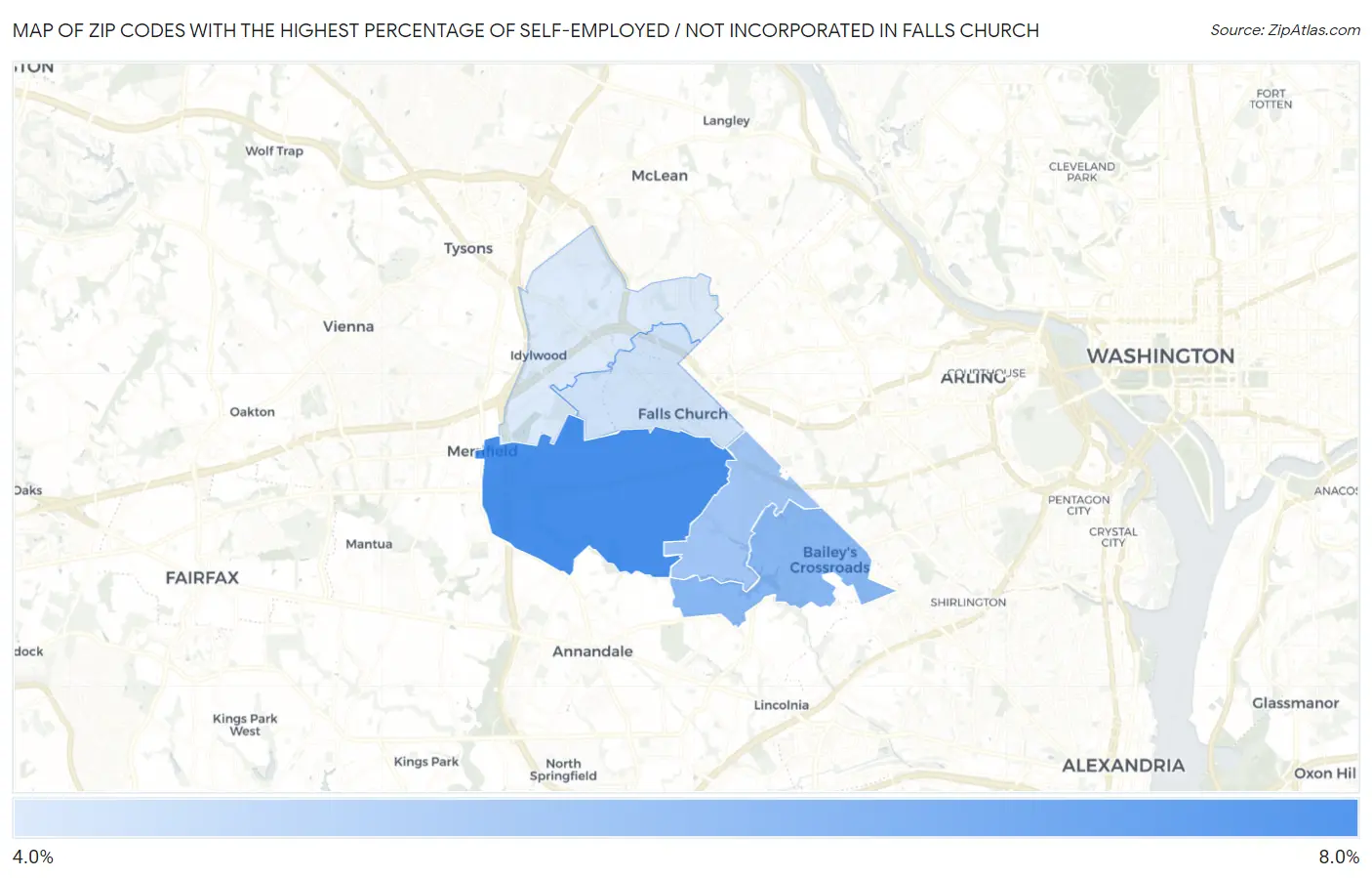 Zip Codes with the Highest Percentage of Self-Employed / Not Incorporated in Falls Church Map