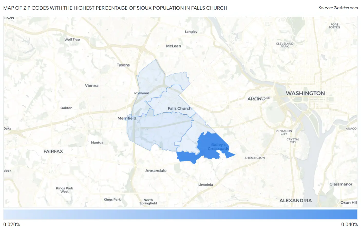 Zip Codes with the Highest Percentage of Sioux Population in Falls Church Map