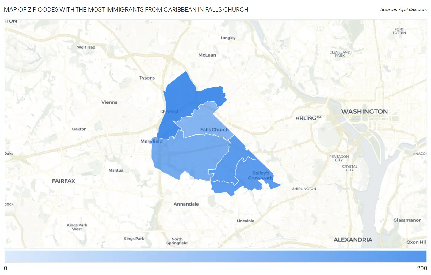 Zip Codes with the Most Immigrants from Caribbean in Falls Church Map