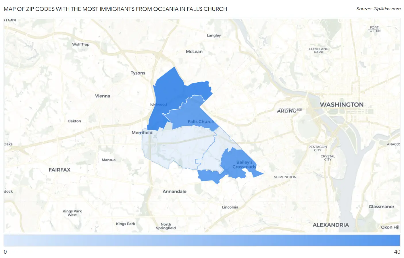 Zip Codes with the Most Immigrants from Oceania in Falls Church Map