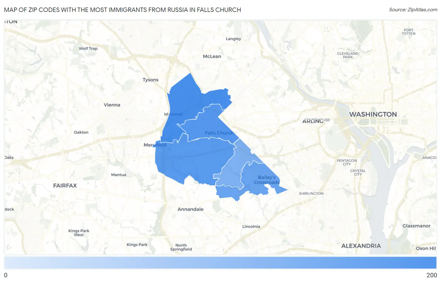 Zip Codes with the Most Immigrants from Russia in Falls Church Map