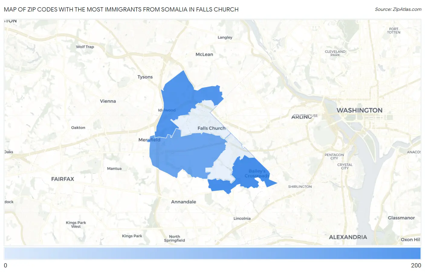 Zip Codes with the Most Immigrants from Somalia in Falls Church Map