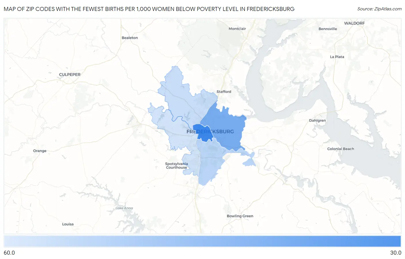 Zip Codes with the Fewest Births per 1,000 Women Below Poverty Level in Fredericksburg Map