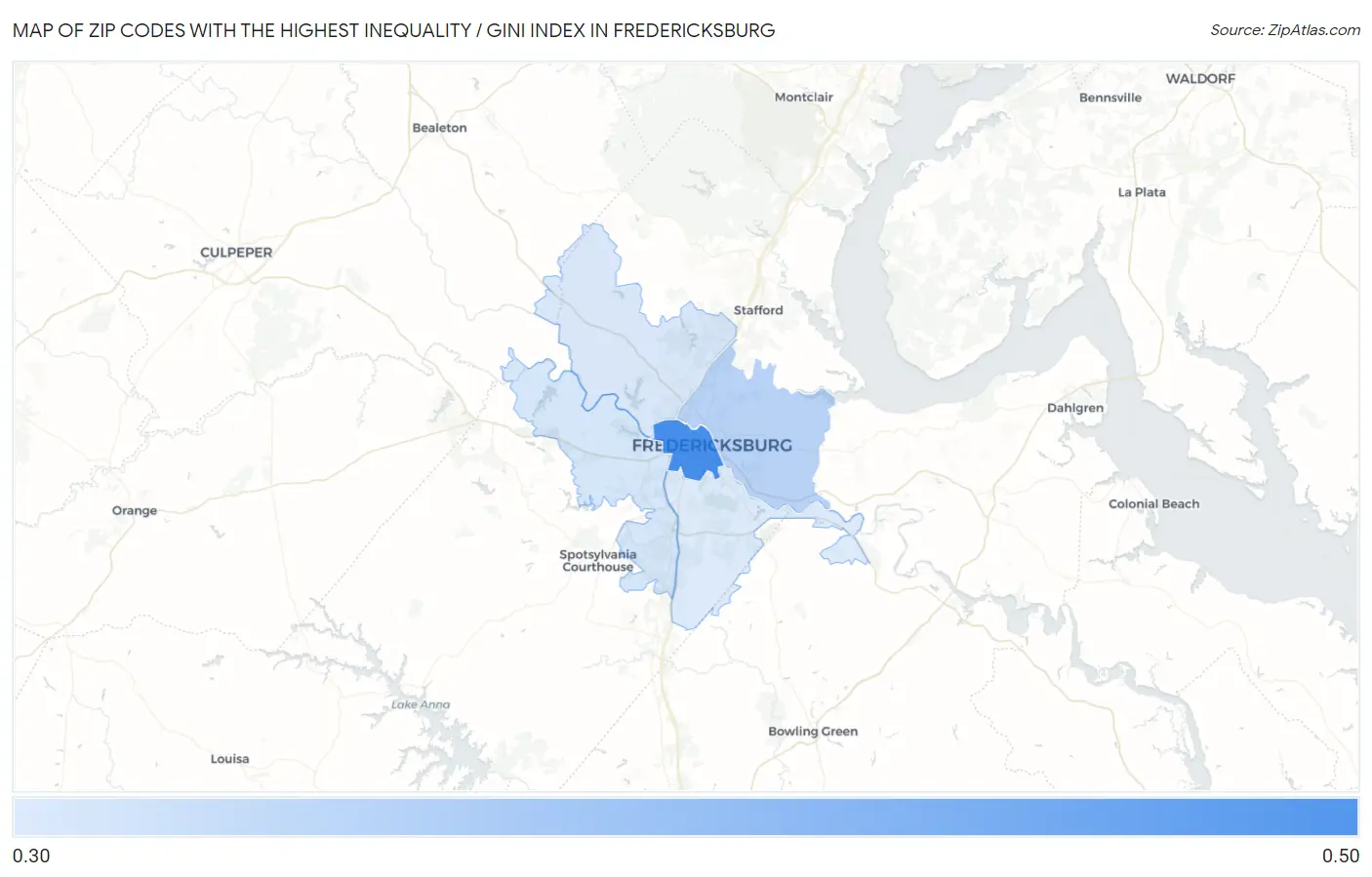 Zip Codes with the Highest Inequality / Gini Index in Fredericksburg Map
