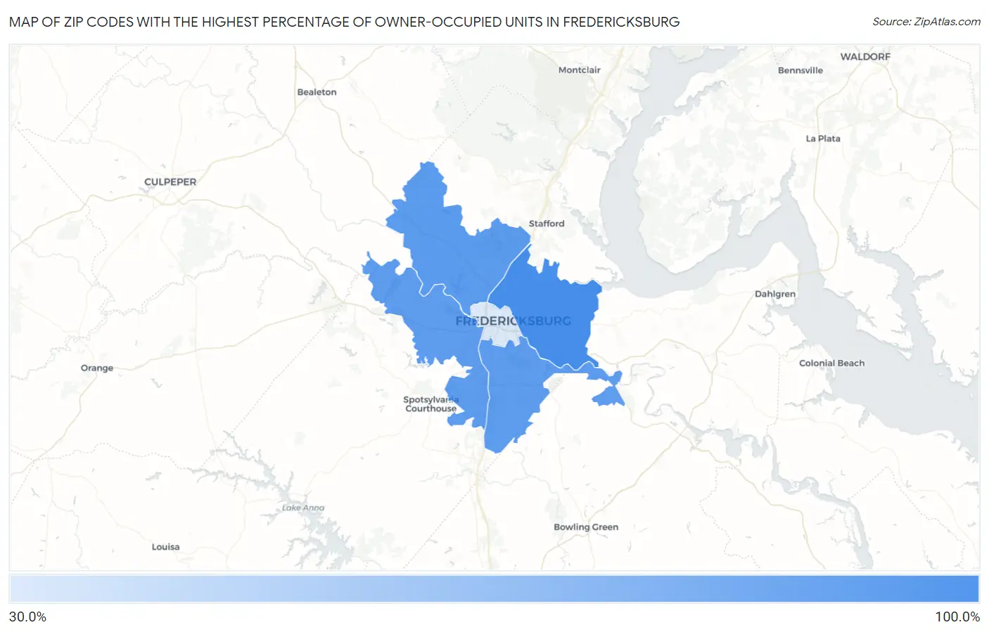 Zip Codes with the Highest Percentage of Owner-Occupied Units in Fredericksburg Map