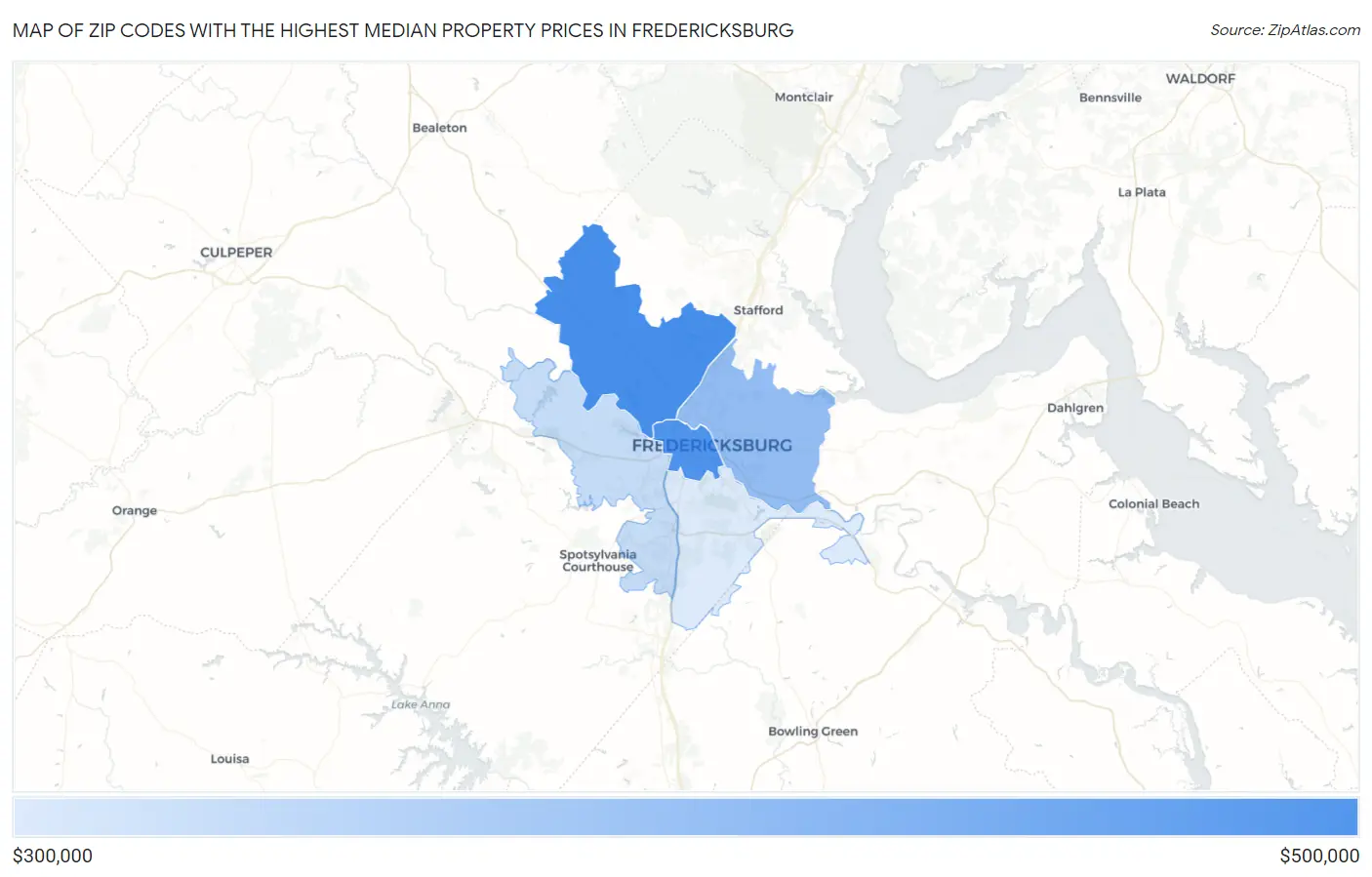 Zip Codes with the Highest Median Property Prices in Fredericksburg Map