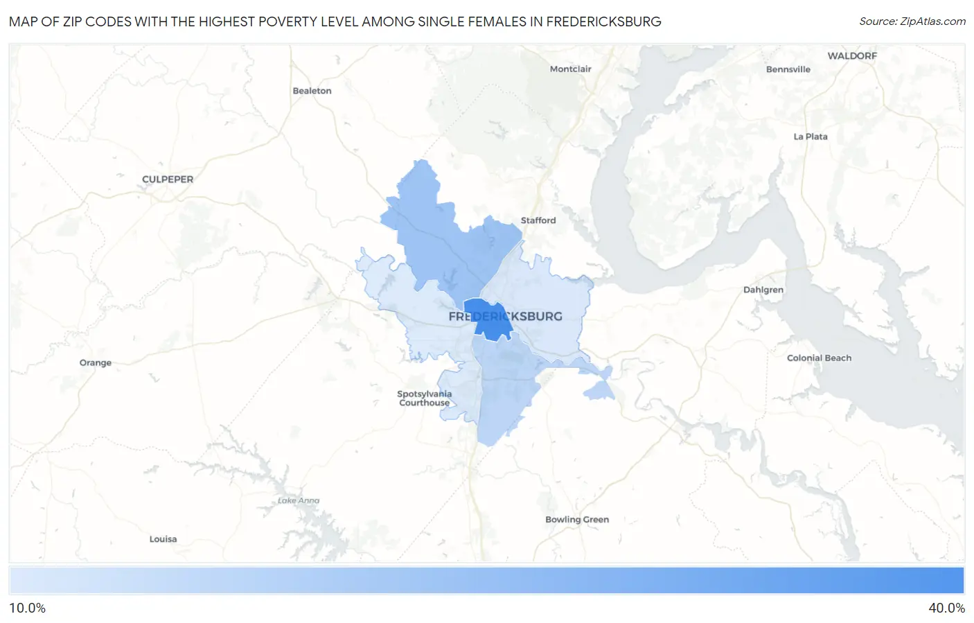 Zip Codes with the Highest Poverty Level Among Single Females in Fredericksburg Map