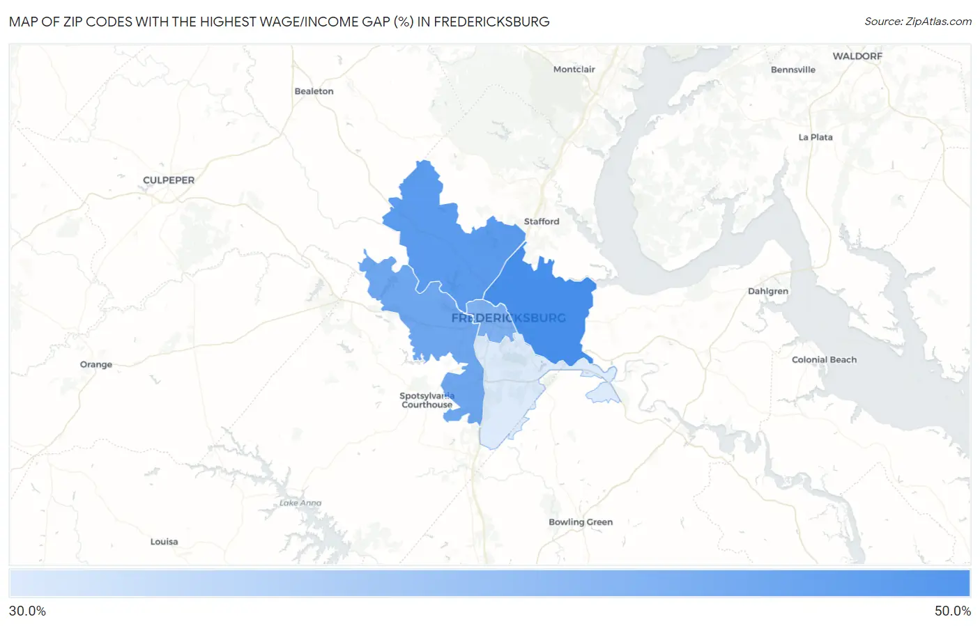 Zip Codes with the Highest Wage/Income Gap (%) in Fredericksburg Map