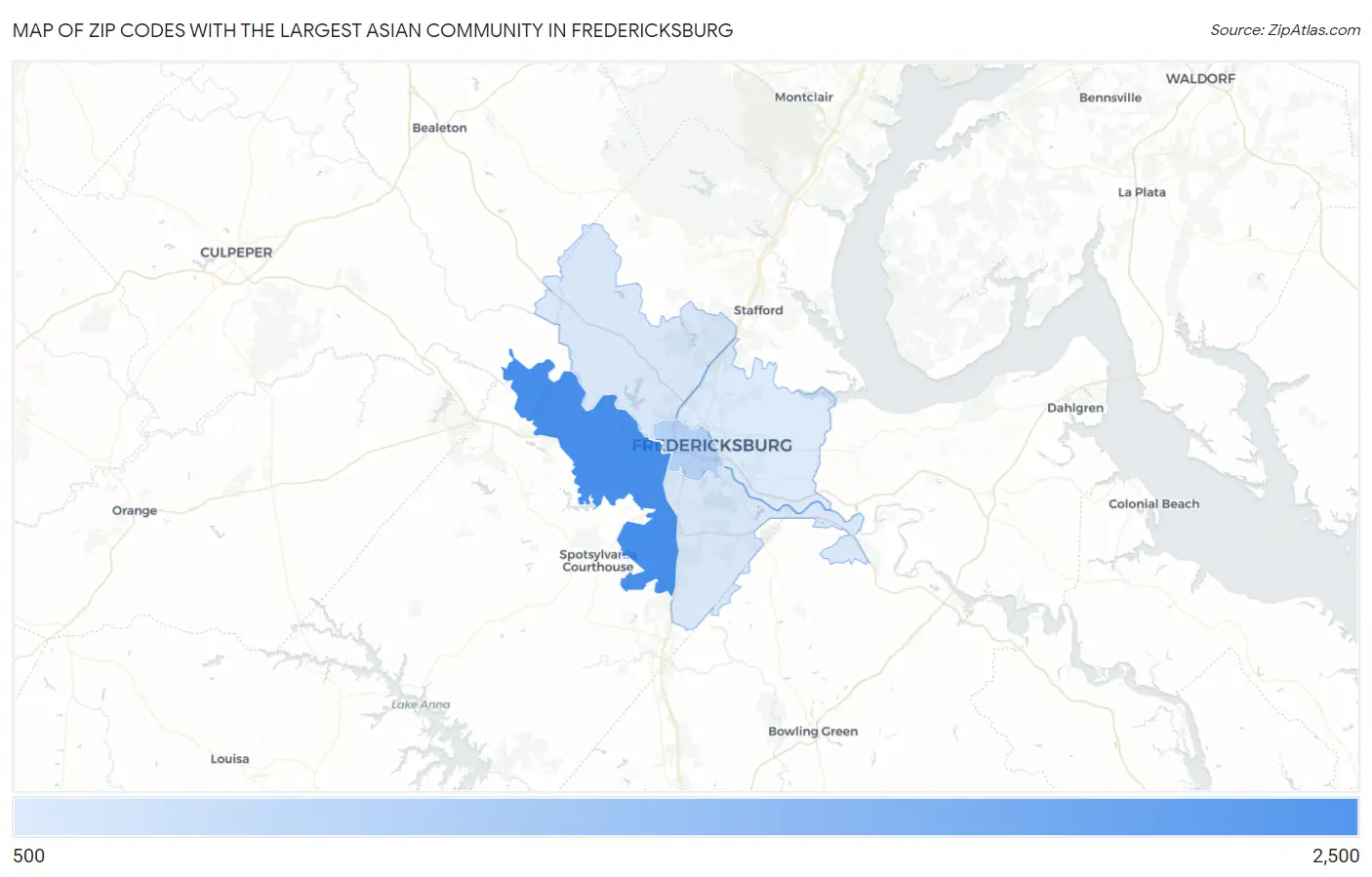Zip Codes with the Largest Asian Community in Fredericksburg Map