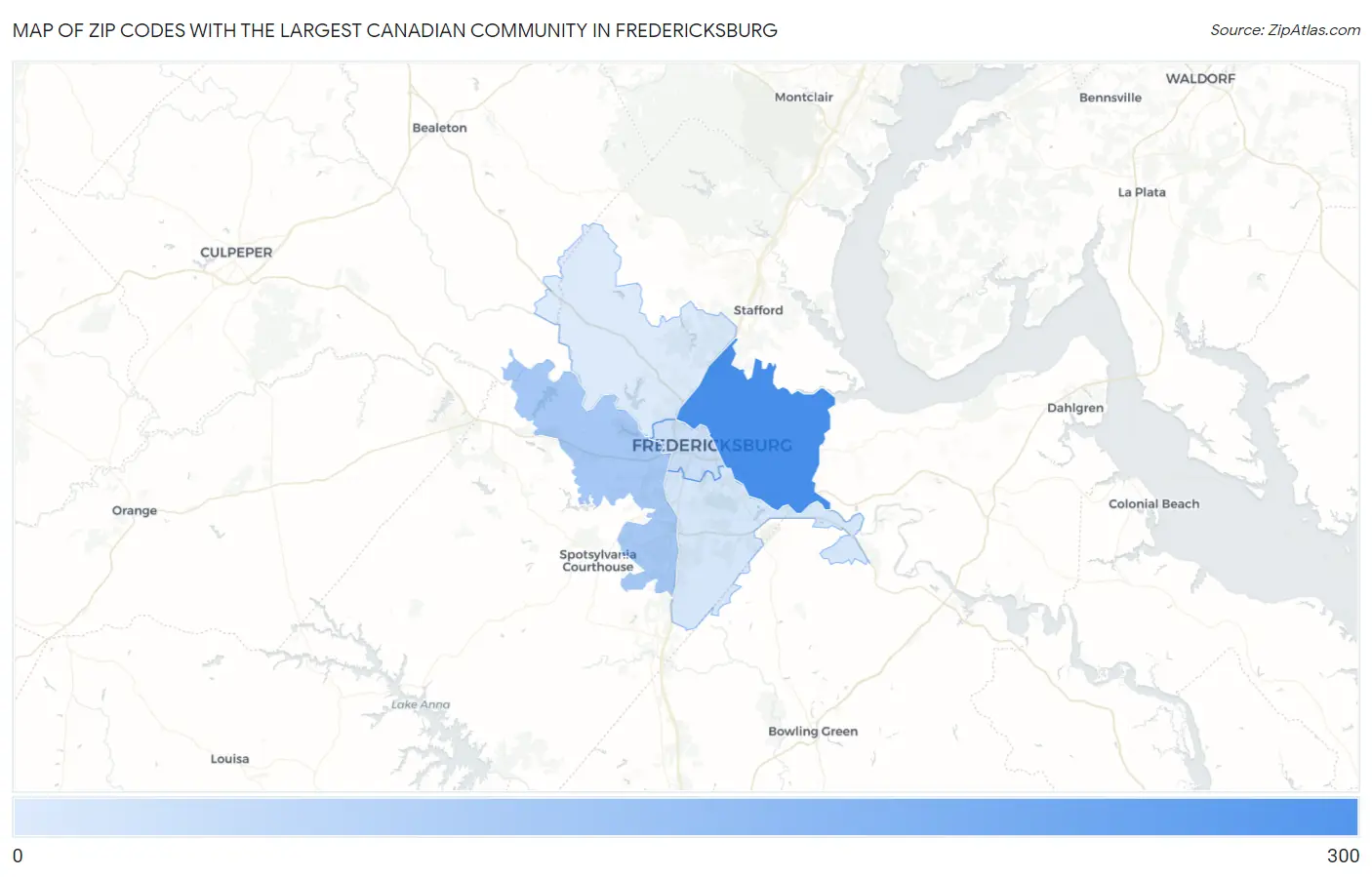 Zip Codes with the Largest Canadian Community in Fredericksburg Map