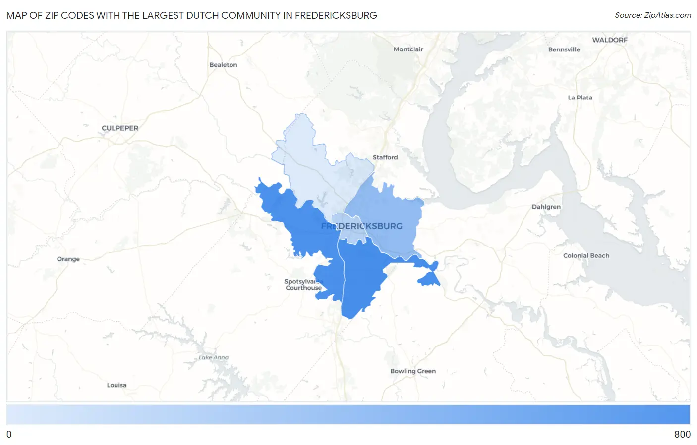 Zip Codes with the Largest Dutch Community in Fredericksburg Map