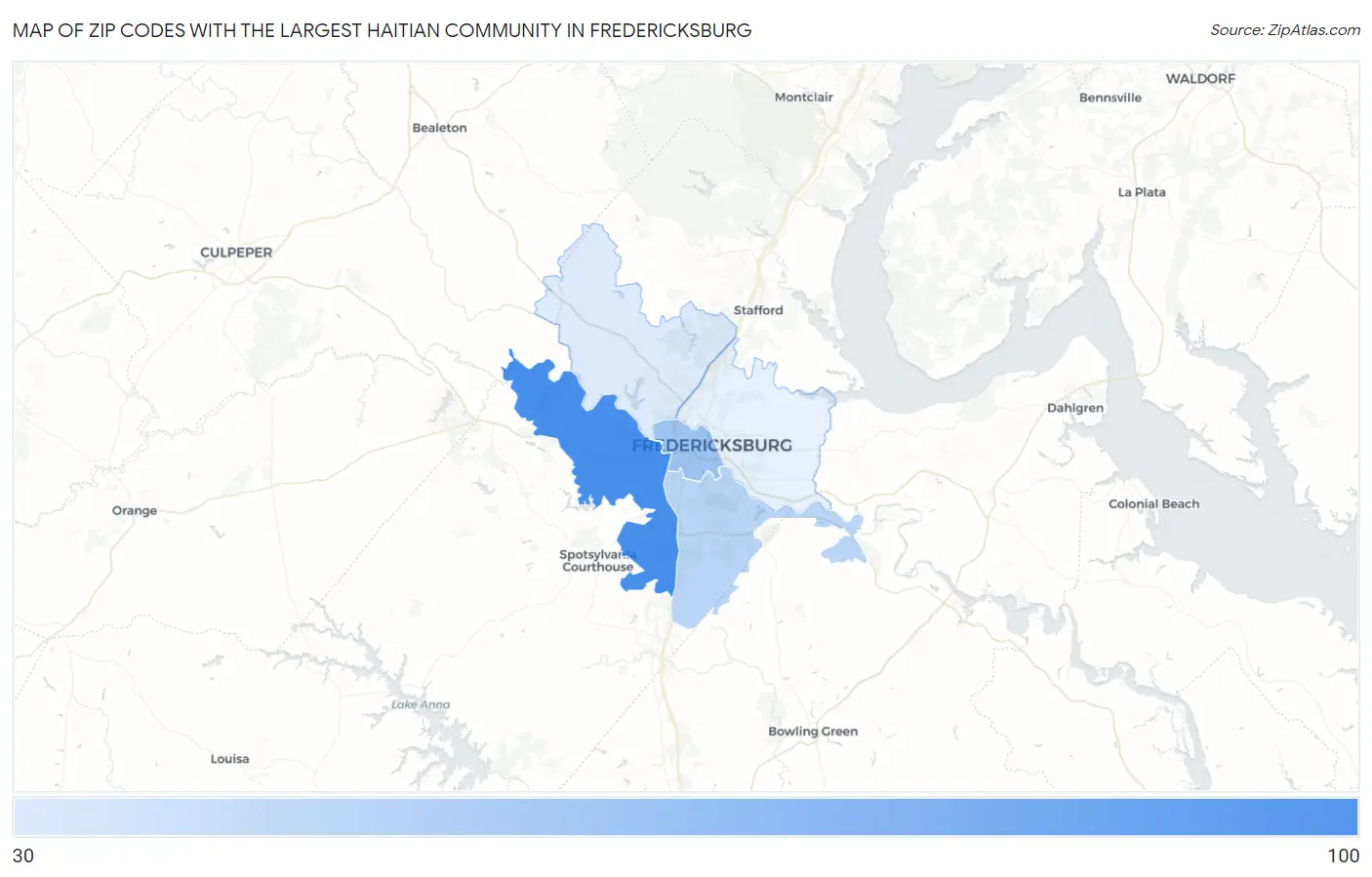 Zip Codes with the Largest Haitian Community in Fredericksburg Map