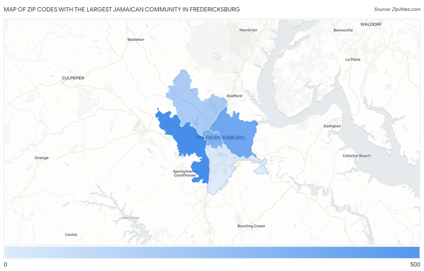 Zip Codes with the Largest Jamaican Community in Fredericksburg Map
