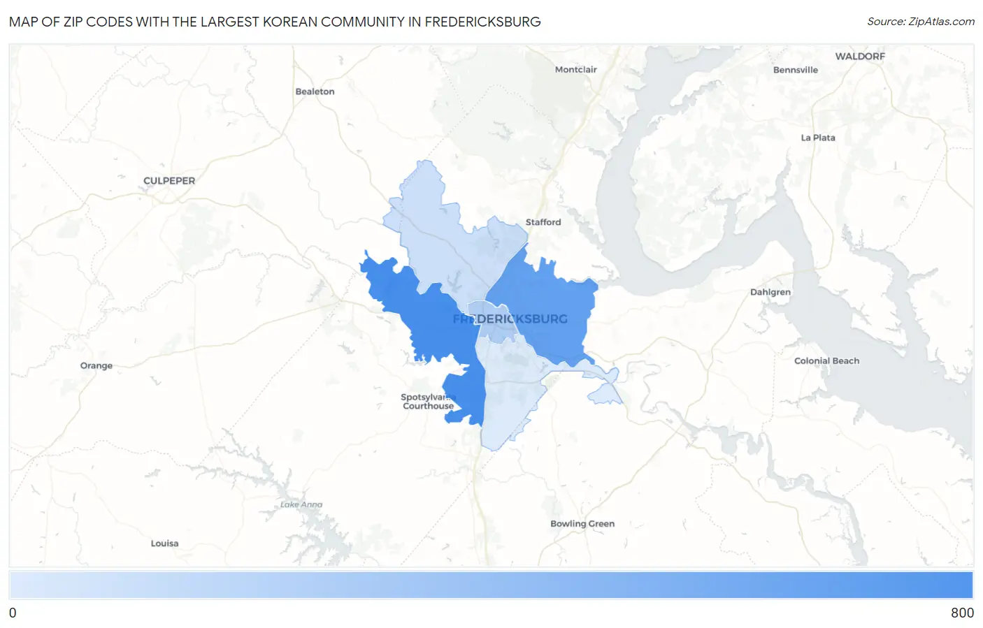 Zip Codes with the Largest Korean Community in Fredericksburg Map