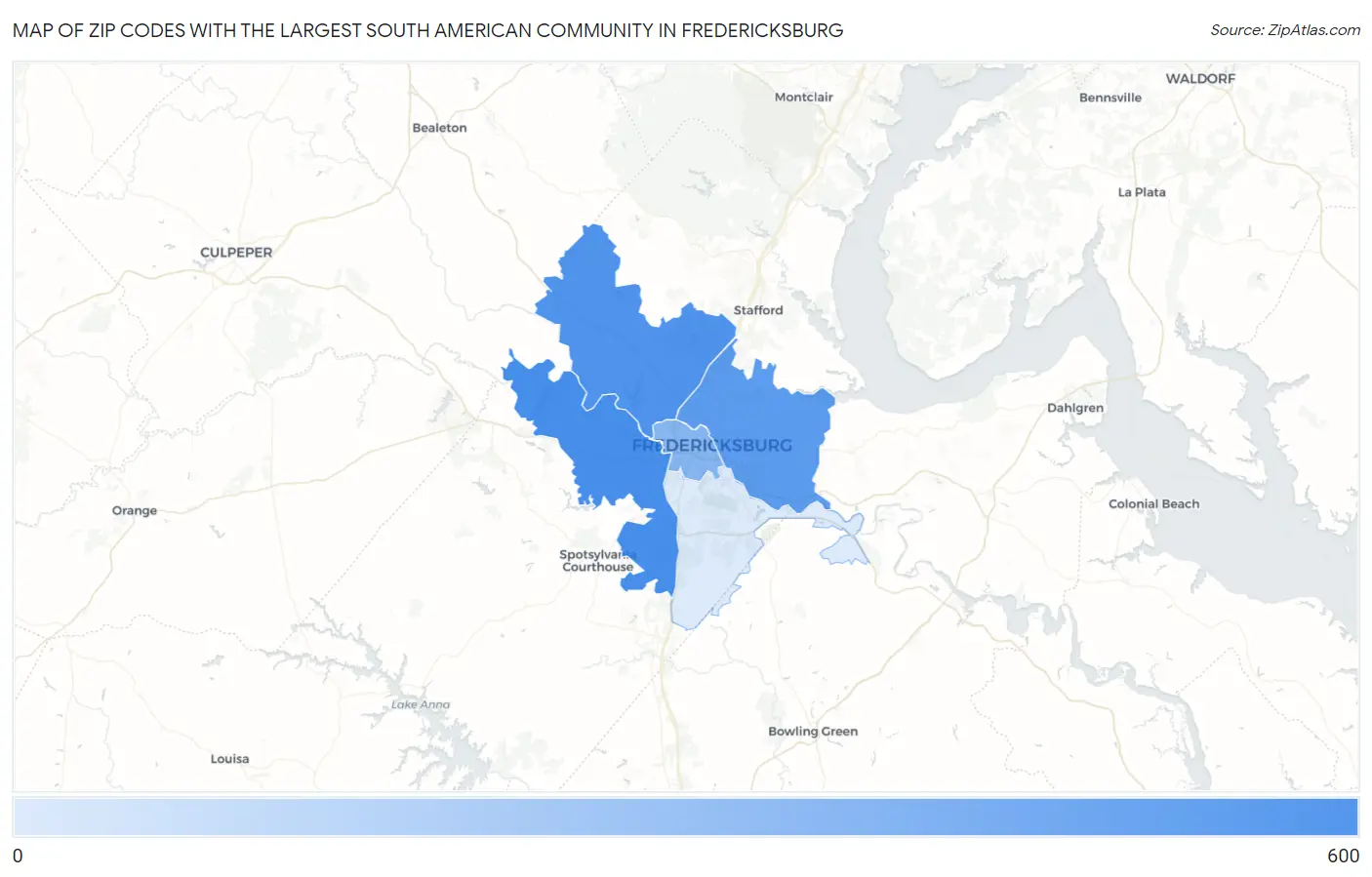 Zip Codes with the Largest South American Community in Fredericksburg Map