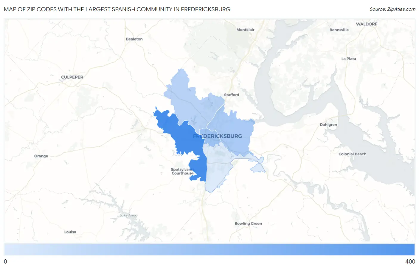 Zip Codes with the Largest Spanish Community in Fredericksburg Map