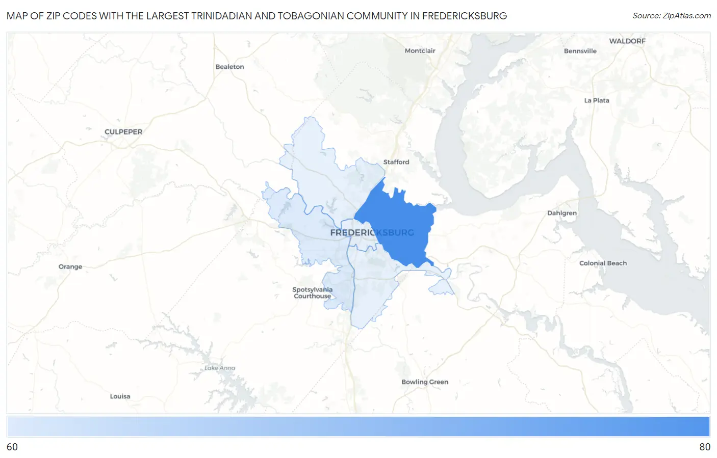 Zip Codes with the Largest Trinidadian and Tobagonian Community in Fredericksburg Map