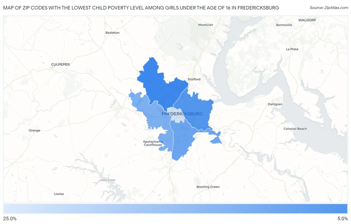 Zip Codes with the Lowest Child Poverty Level Among Girls Under the Age of 16 in Fredericksburg Map