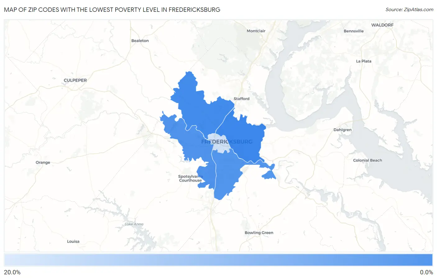Zip Codes with the Lowest Poverty Level in Fredericksburg Map