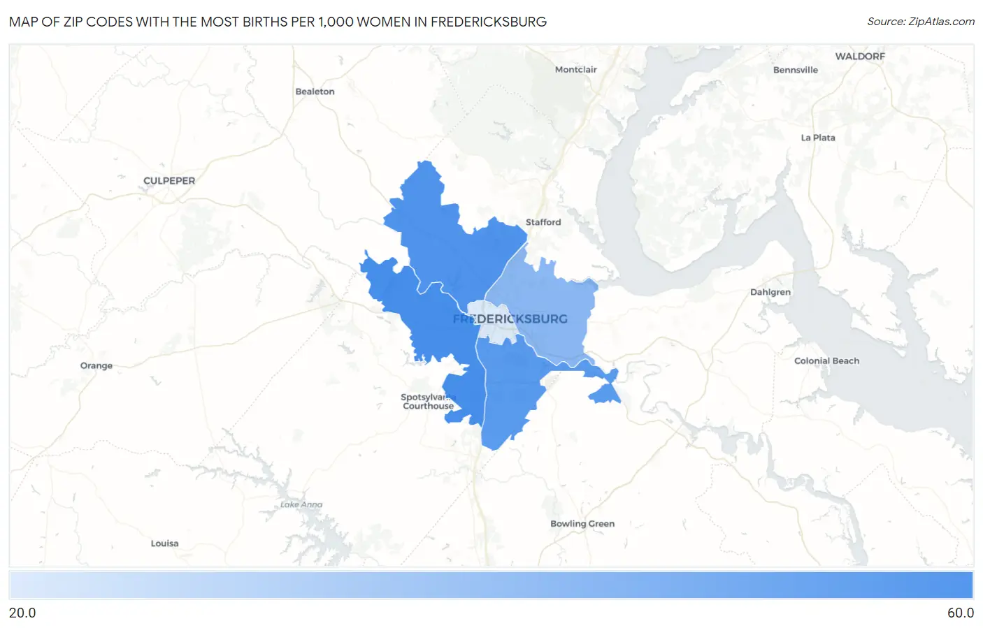 Zip Codes with the Most Births per 1,000 Women in Fredericksburg Map