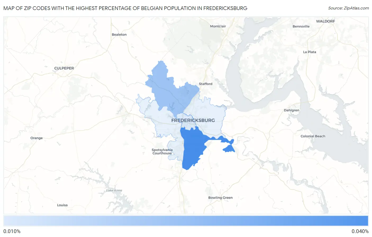Zip Codes with the Highest Percentage of Belgian Population in Fredericksburg Map