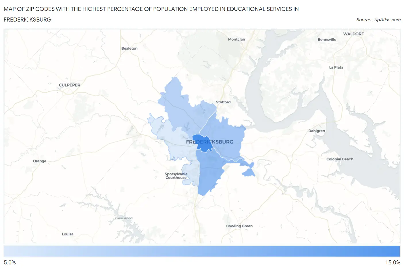 Zip Codes with the Highest Percentage of Population Employed in Educational Services in Fredericksburg Map