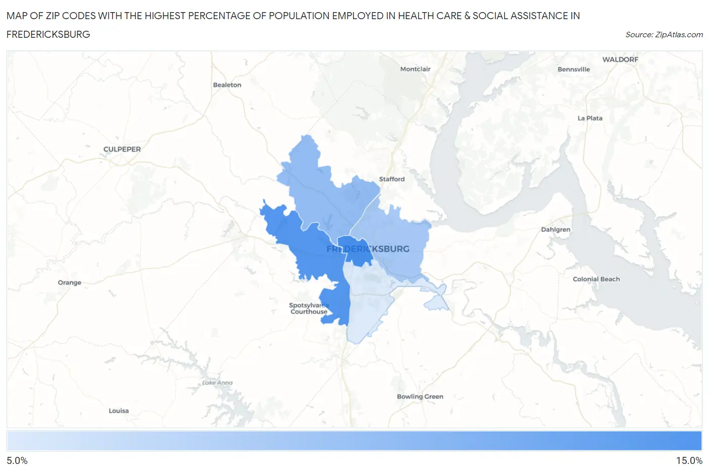 Zip Codes with the Highest Percentage of Population Employed in Health Care & Social Assistance in Fredericksburg Map