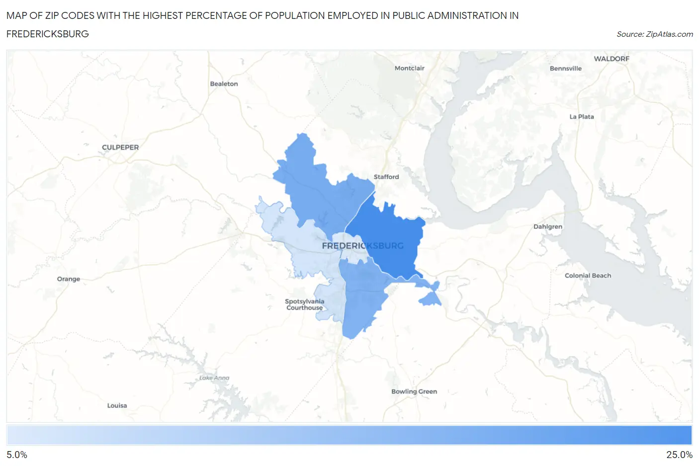Zip Codes with the Highest Percentage of Population Employed in Public Administration in Fredericksburg Map