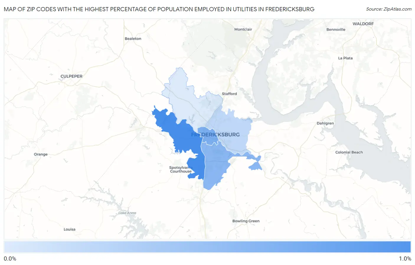 Zip Codes with the Highest Percentage of Population Employed in Utilities in Fredericksburg Map