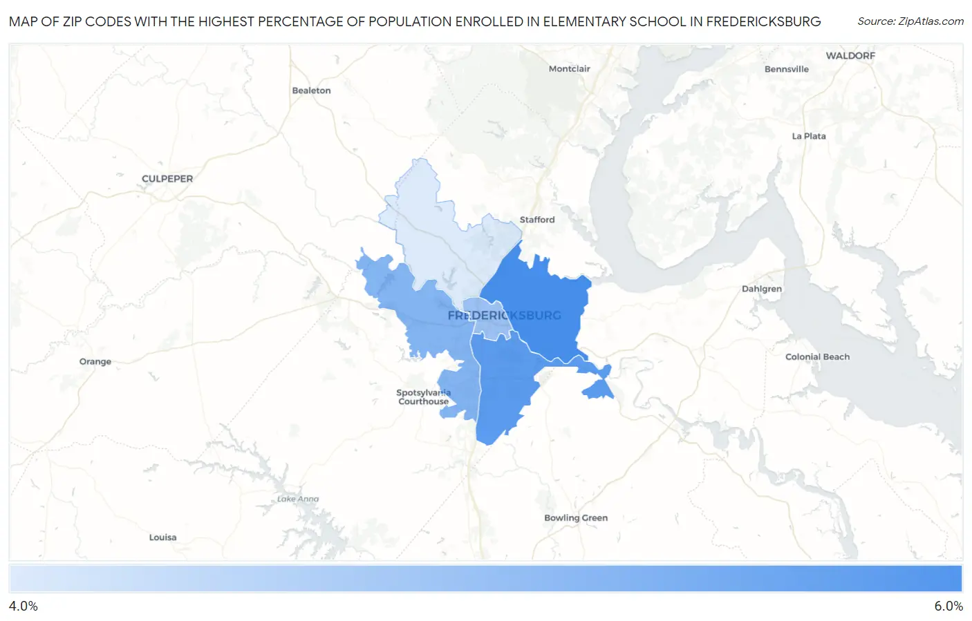 Zip Codes with the Highest Percentage of Population Enrolled in Elementary School in Fredericksburg Map