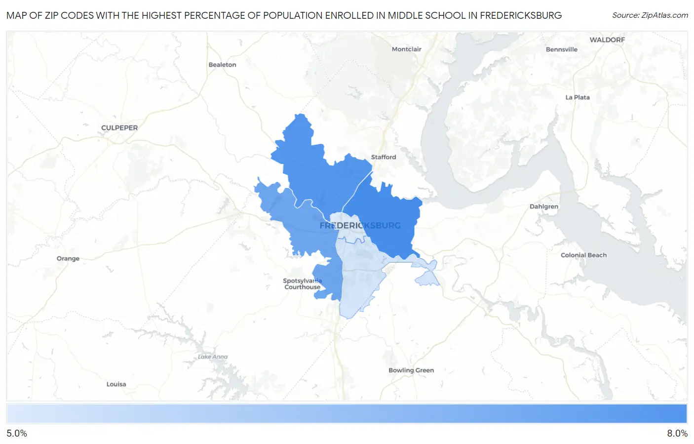 Zip Codes with the Highest Percentage of Population Enrolled in Middle School in Fredericksburg Map