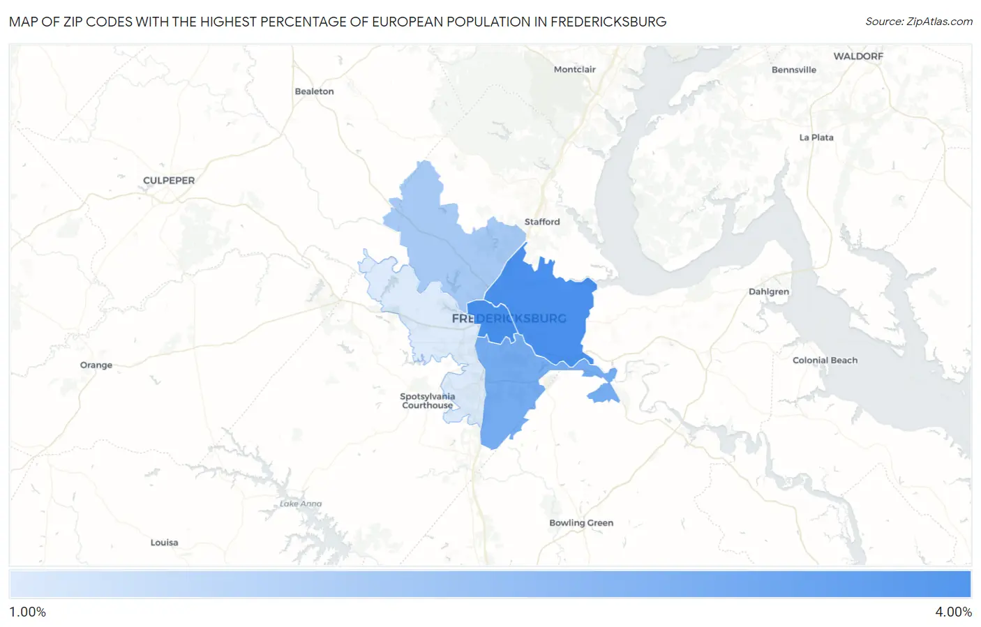 Zip Codes with the Highest Percentage of European Population in Fredericksburg Map