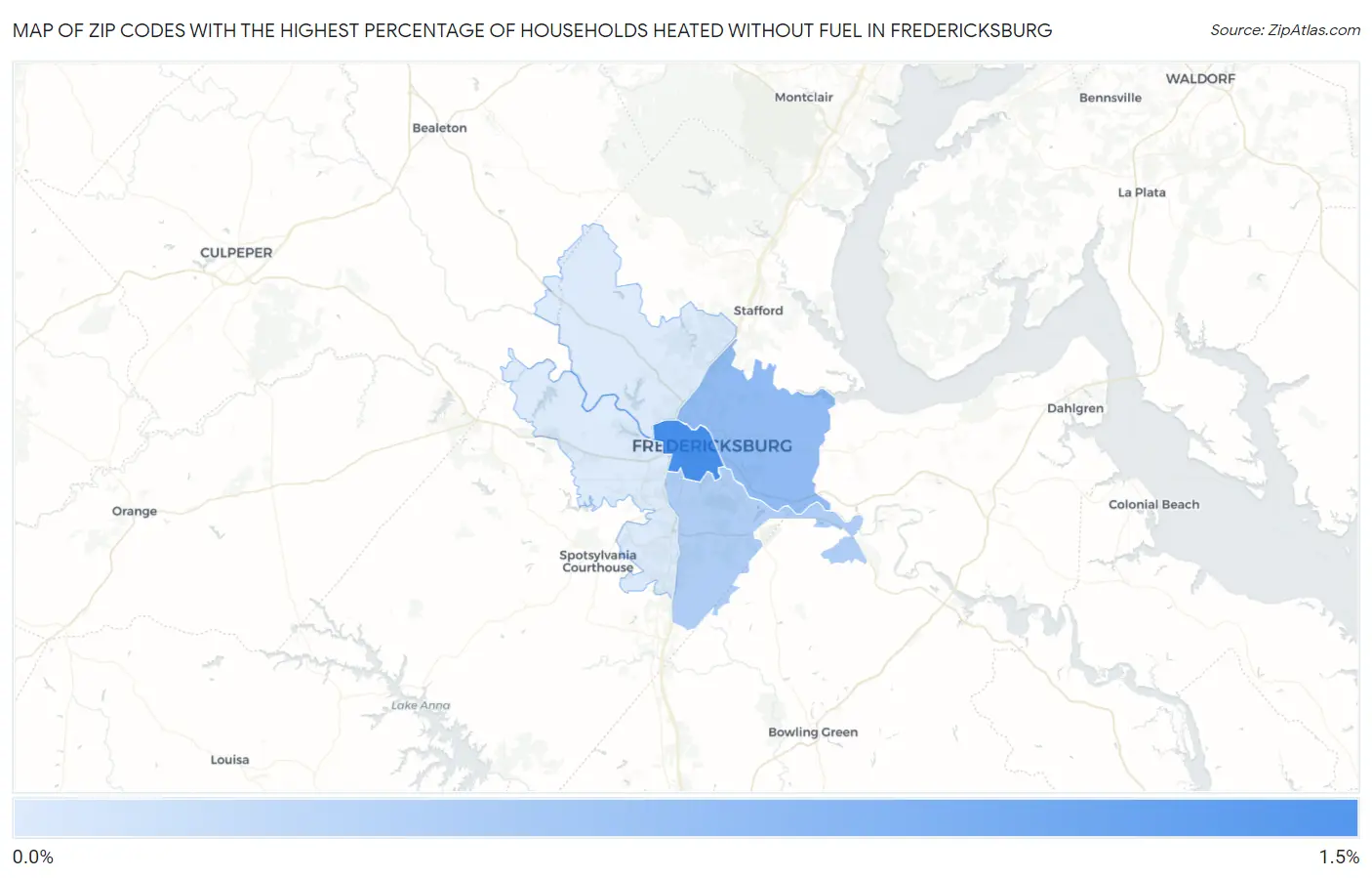 Zip Codes with the Highest Percentage of Households Heated without Fuel in Fredericksburg Map