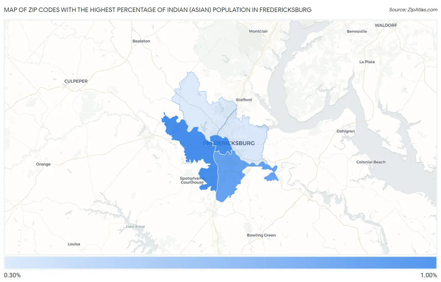 Zip Codes with the Highest Percentage of Indian (Asian) Population in Fredericksburg Map