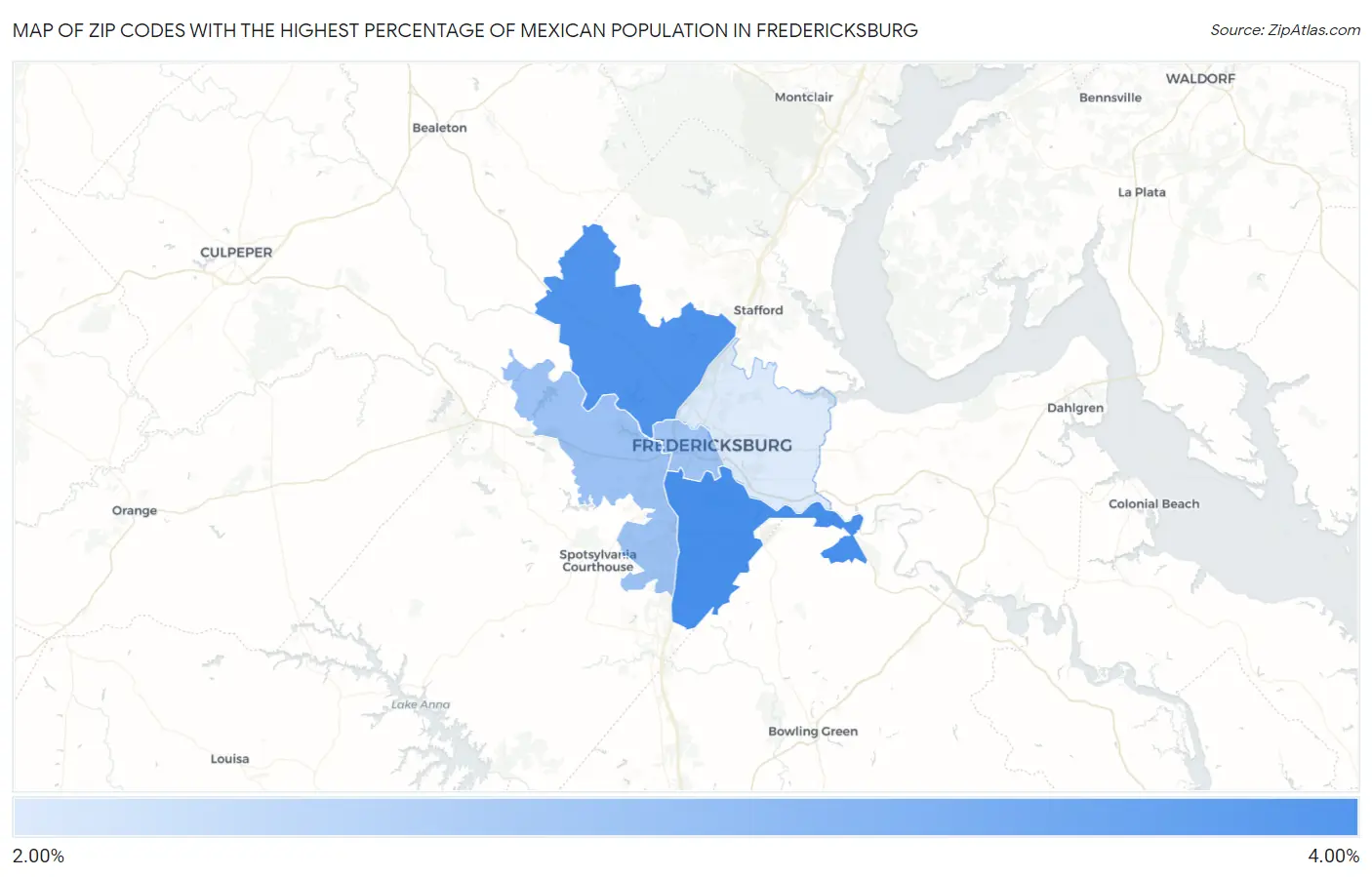 Zip Codes with the Highest Percentage of Mexican Population in Fredericksburg Map
